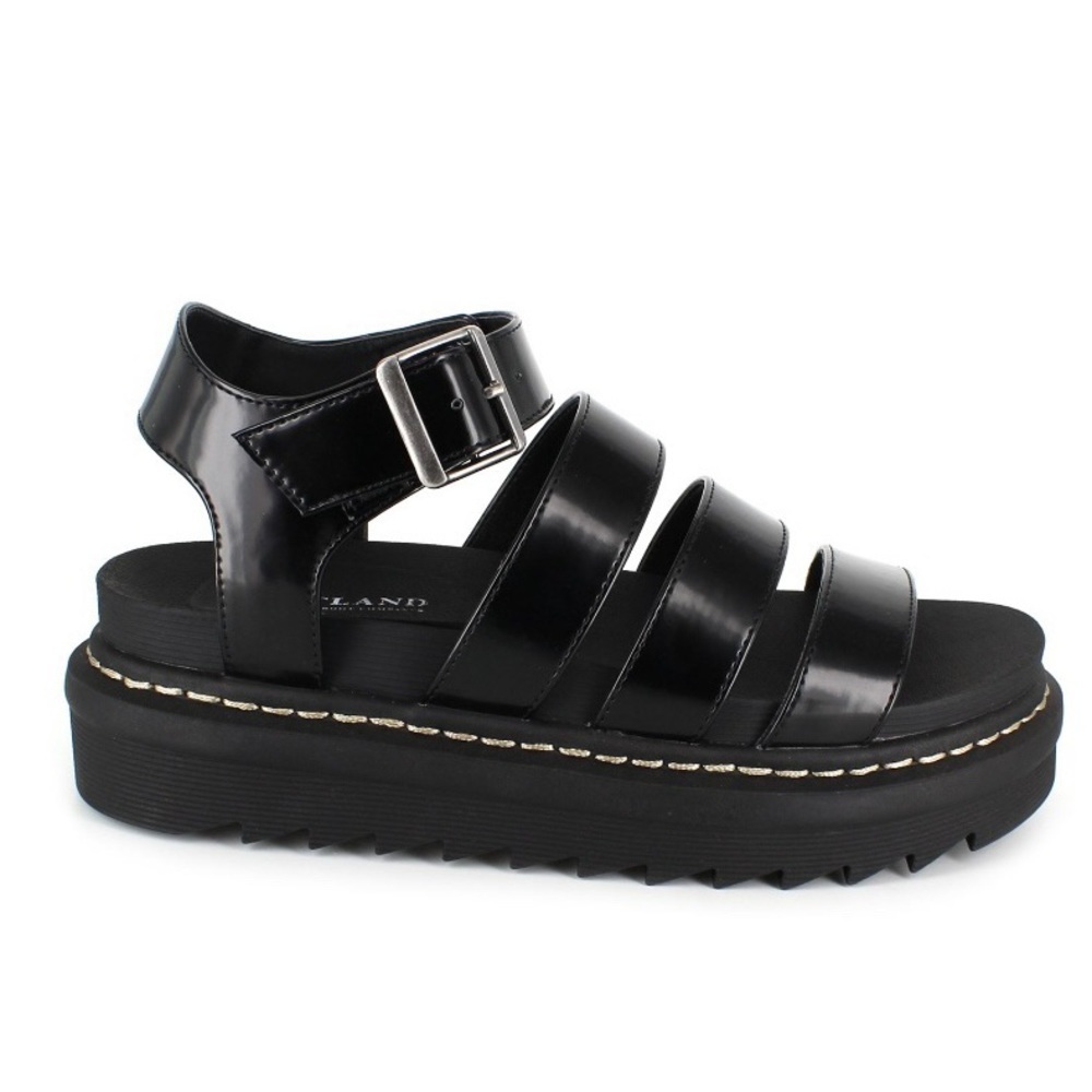 Portland Boot Company Dolly Black Strappy Lug Sole Faux Leather Sandal Size 9